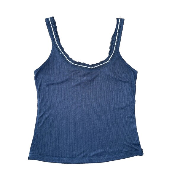 Free People Intimately Only You Ribbed Lace Trim Tank Top Navy Blue Women’s Sz L - Picture 2 of 10